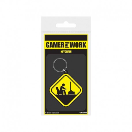 Llavero caucho GAMER AT WORK CAUTION SIGN